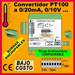Convertidor Pt100-RTD (salida 0-10V, 0-20mA)